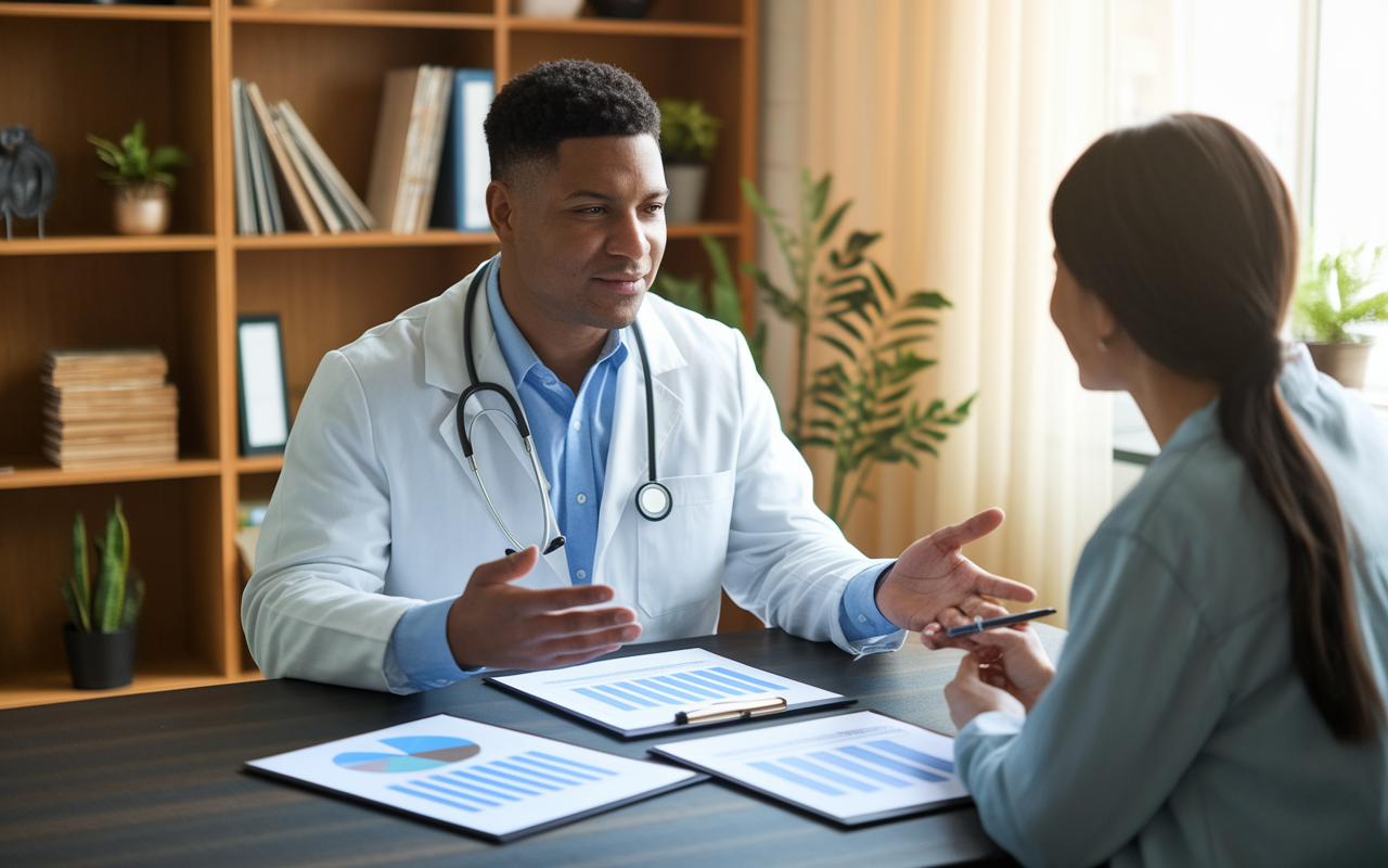 A physician in a warm-toned office discussing potential private practice with an advisor, showcasing charts and financial projections. The environment is inviting, with bookshelves and calming décor that fosters a sense of growth and opportunity in private healthcare. This image reflects the importance of business acumen in addition to clinical skills.