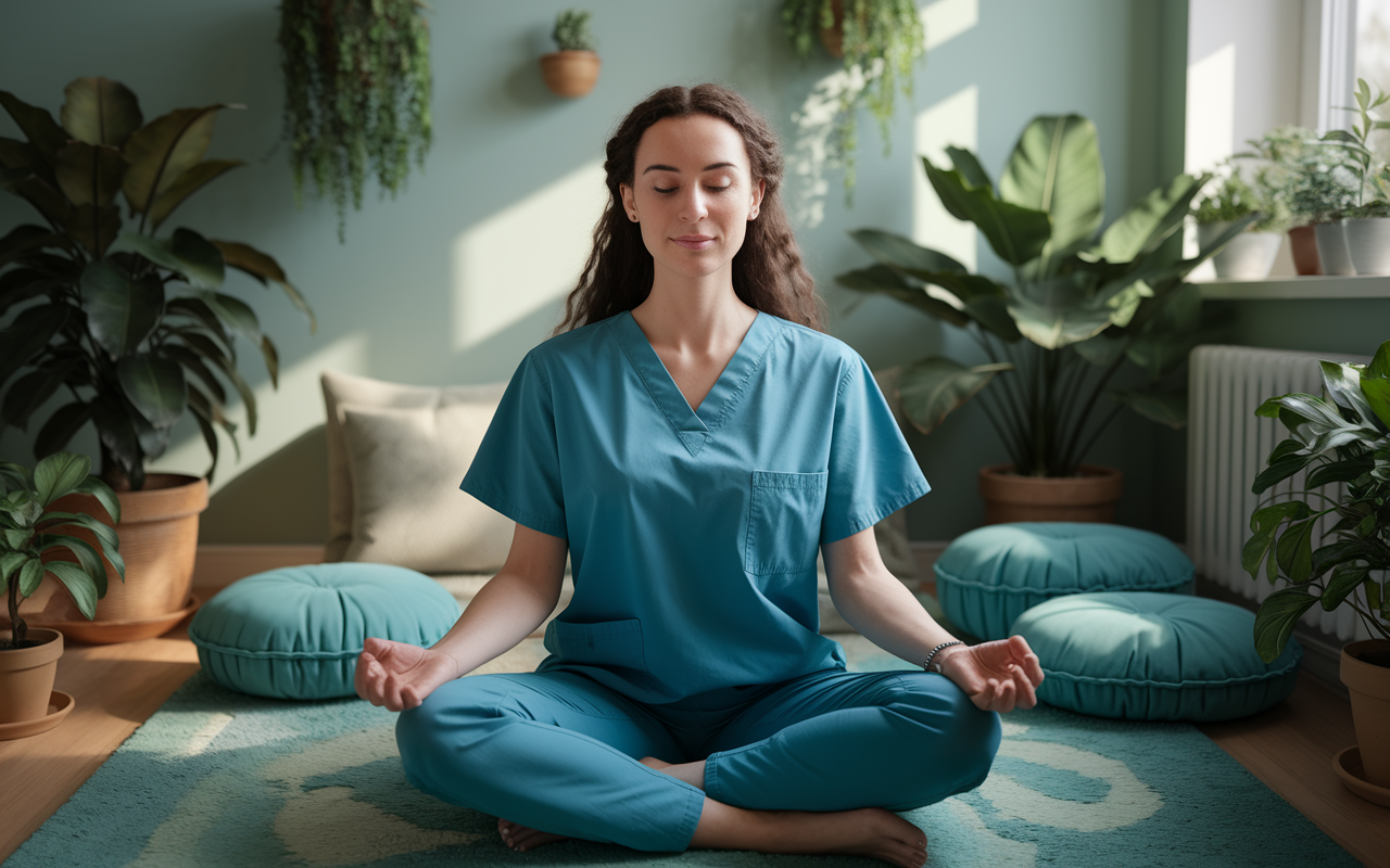 An intimate scene of Sarah in a serene meditation space adorned with plants and soft cushions. She sits cross-legged, eyes closed, with a peaceful expression. Soft rays of sunlight filter through the window, illuminating her face as she envisions herself in medical scrubs, engaging with patients compassionately. The room has a calming atmosphere, with gentle tones of green and blue, symbolizing her journey of self-discovery.