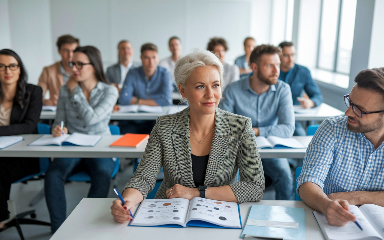 A bustling university classroom filled with eager students, where Sarah, a mature woman with a focused expression, sits at her desk surrounded by younger peers. She has textbooks opened, filled with medical terms and diagrams, and is actively participating in a discussion led by a passionate instructor. The classroom is bright and modern, filled with scholarly ambition, encapsulating the excitement and challenges of returning to education.