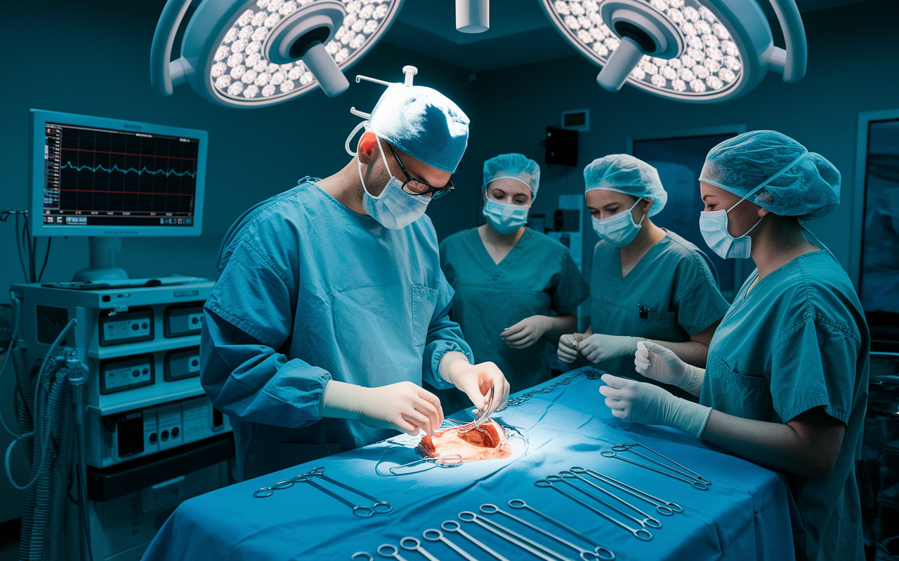 A skilled orthopedic surgeon in scrubs, immersed in a complex surgical procedure in a modern operating room, focusing intently on a joint replacement surgery. The image features a well-lit, sterile environment, surgical tools neatly arranged, monitors displaying vital signs, and a team of nurses assisting, capturing the tension and precision of orthopedic surgery, with dynamic surgical lighting creating an atmosphere of expertise.