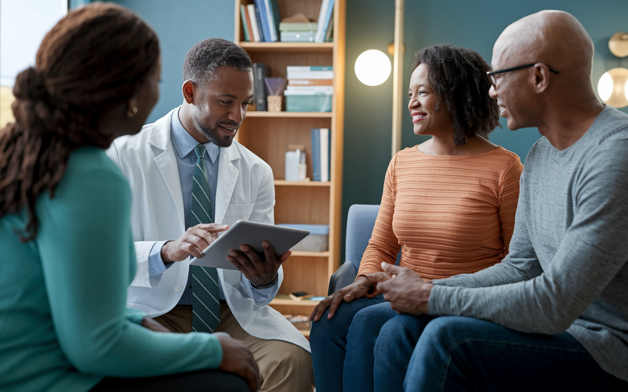 An oncologist in a quiet examination room discussing treatment plans with a cancer patient and their family. The oncologist is using a tablet to present information compassionately, while the atmosphere is warm with soothing colors and comfortable seating. The presence of medical books and supportive materials hints at the complexity and human aspect of cancer care, emphasizing the oncologist’s crucial role.