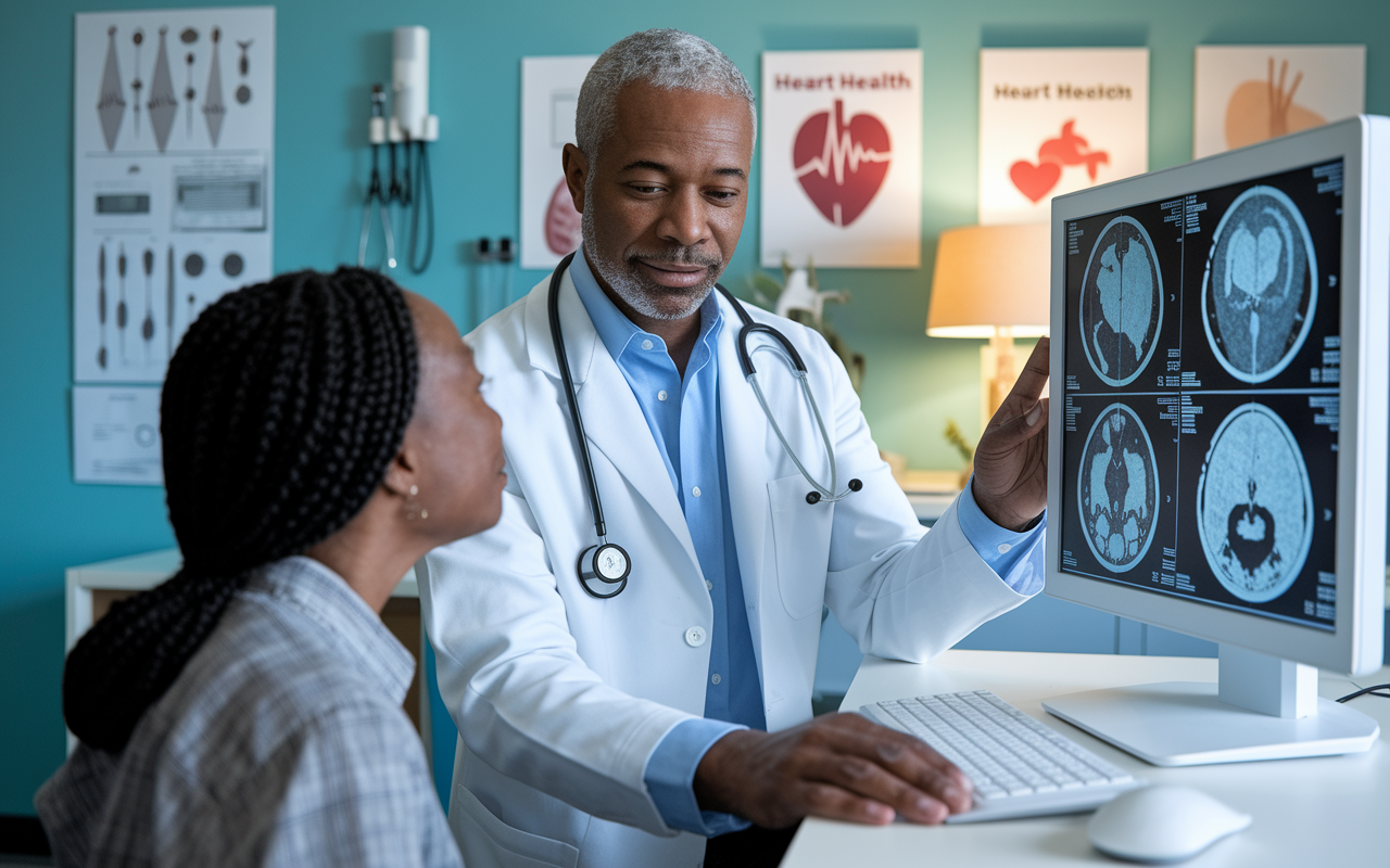 A cardiologist in a well-lit clinic consulting with a patient, examining heart scans on a digital screen. The cardiologist appears focused and compassionate, engaging in conversation with the patient. The room is decorated with medical tools, posters about heart health, and calming colors, conveying trust and professionalism, while the high-tech imaging equipment hints at advanced medical practice.