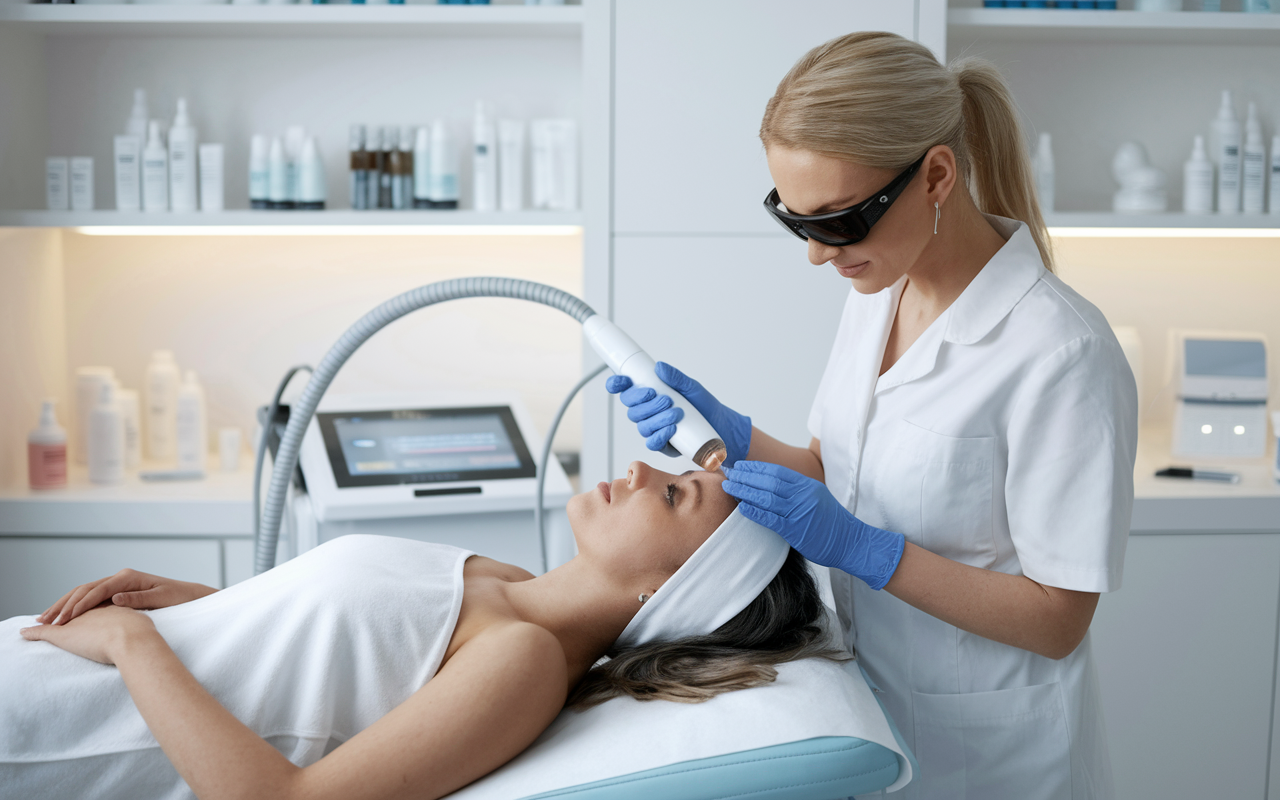 A dermatologist in a clinical setting performing a skin treatment on a patient, using advanced laser technology. The image shows a bright, clean environment with shelves stocked with topical treatments, while the patient appears relaxed and the dermatologist conveys expertise and care. Soft, natural lighting enhances the welcoming atmosphere, highlighting dermatology as an appealing and lucrative specialty.