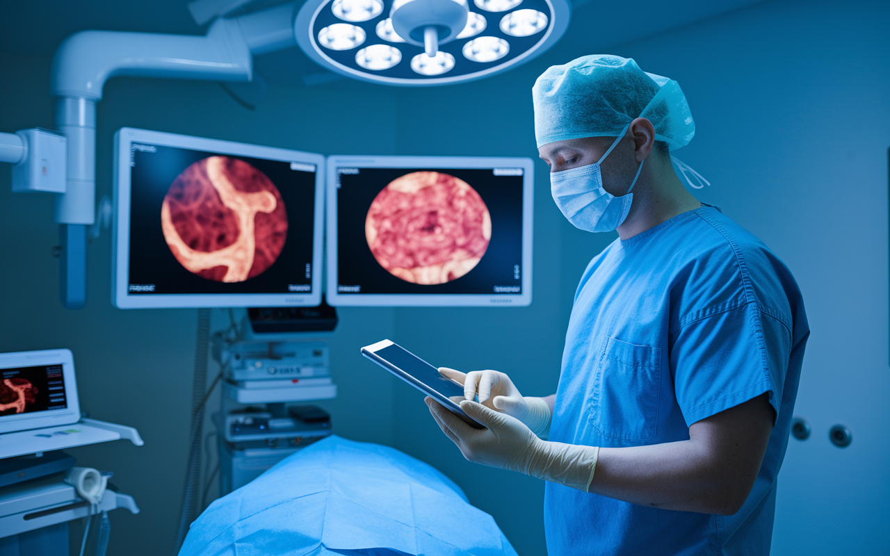 A gastroenterologist in a high-tech endoscopy suite preparing for a procedure, wearing surgical gloves and reviewing a patient’s medical history on a tablet. The room is equipped with advanced endoscopic tools and monitors displaying gastrointestinal imaging. The lighting is bright and clinical, emphasizing the seriousness and importance of gastroenterology in healthcare, while showcasing the physician’s professionalism and dedication.