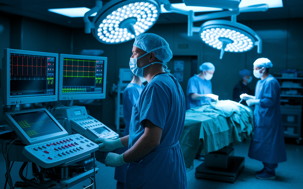 An anesthesiologist in a surgical theater overseeing a patient under anesthesia, monitoring vital signs on multiple screens. The scene captures the anesthesiologist’s focus and calm demeanor against the backdrop of a busy operating room with surgical instruments and a team of surgeons preparing for surgery. Dimmed lighting around the anesthesia equipment contrasts with the bright lights above the surgical area, creating a dramatic yet controlled atmosphere.