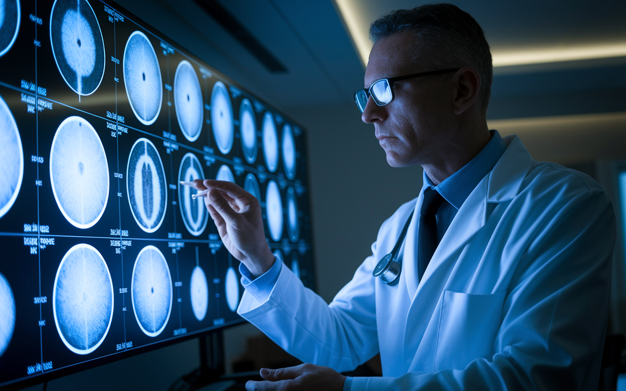 A radiologist in a dimly lit room, analyzing an array of advanced imaging scans displayed on multiple screens. The radiologist, wearing glasses and a focused expression, interprets the images with precision. The ambient lighting adds to the serious atmosphere, highlighting the importance of radiology in diagnosing and treating diseases through imaging technology, portraying an environment of acute attention and professionalism.