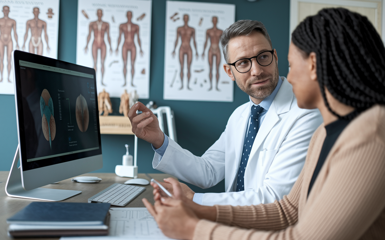 A urologist in a consultation room discussing treatment options with a patient, utilizing a computer to display relevant medical information. The setting is cozy yet professional, with anatomical charts on the wall and medical models on the table. The urologist appears empathetic while clearly explaining treatment pathways, creating a narrative of patient-centered care in the urology specialty.