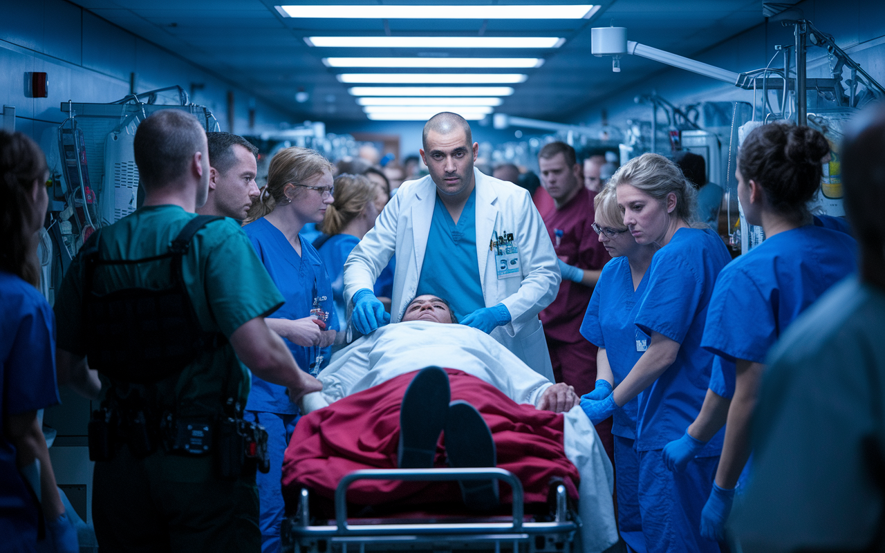 An emergency medicine physician in a bustling hospital corridor, attending to a patient on a stretcher amidst chaos. The physician’s focused expression shows urgency while emergency personnel assist. The environment is filled with medical equipment and busy support staff, vividly portraying the high-stakes nature of emergency medicine contrasted with dim, dramatic overhead lights.