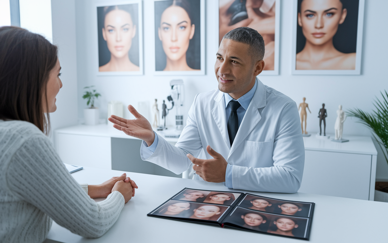 A plastic surgeon in a sleek, modern office consulting with a prospective patient about cosmetic surgery options. The surgeon is gesturing towards a portfolio of before-and-after photos, with a confident and understanding demeanor. The office is bright and upscale, adorned with art and surgical models, reflecting the artistic side of plastic surgery while ensuring patient comfort.