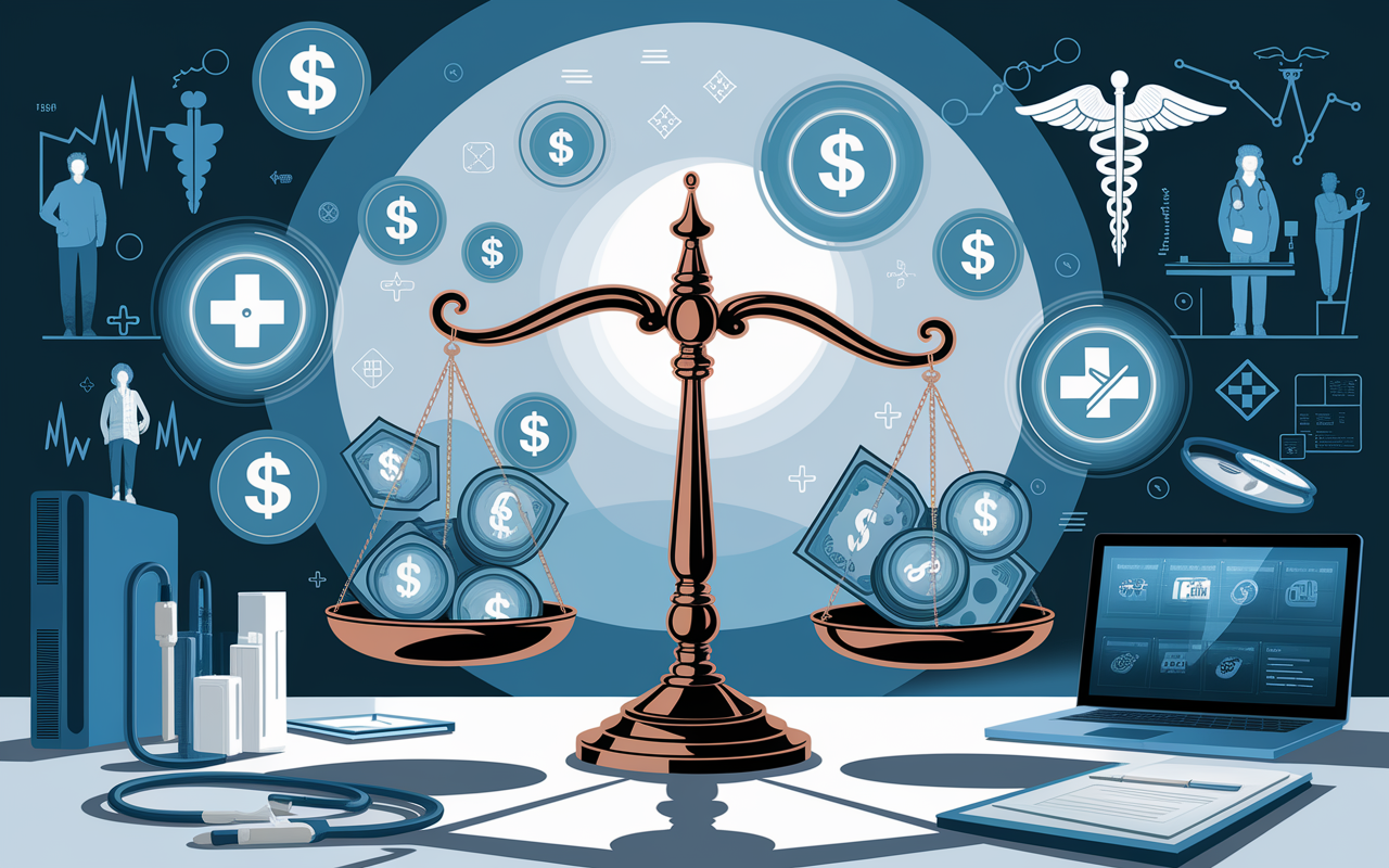 A visual representation of the transformation in medical specialties, emphasizing the shift towards high-earning fields. The image should include elements like a scale balancing various specialties, dollar signs symbolizing rising salaries, and icons of technology such as robotic surgical instruments and telemedicine devices, surrounded by healthcare symbols like the caduceus or medical charts. The setting should be bright and inspiring, showcasing a future of medicine filled with opportunities.