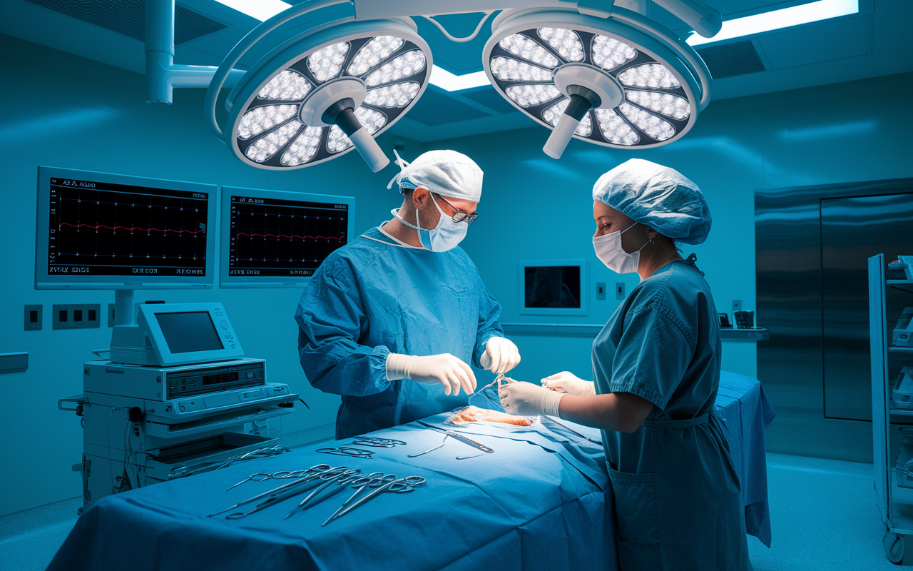 An orthopedic surgeon in a modern surgical suite, performing a joint replacement procedure. The surgeon is focused and skilled, surrounded by advanced surgical tools, monitors displaying physiological data, and a scrub nurse assisting in the operation. The space is bright and sterile, conveying a sense of precision and expertise. Dramatic yet realistic lighting enhances the tension and importance of the moment.