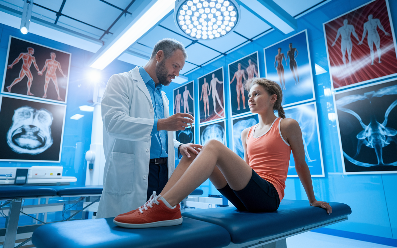 A busy sports medicine clinic with an orthopedic surgeon assessing a young athlete's knee injury. The atmosphere is vibrant, filled with posters of sports and active rehabilitation devices. The surgeon is examining an MRI image of the knee while the athlete looks hopeful. Bright, natural lighting should illuminate the space, bringing a positive and forward-looking vibe to the scene.