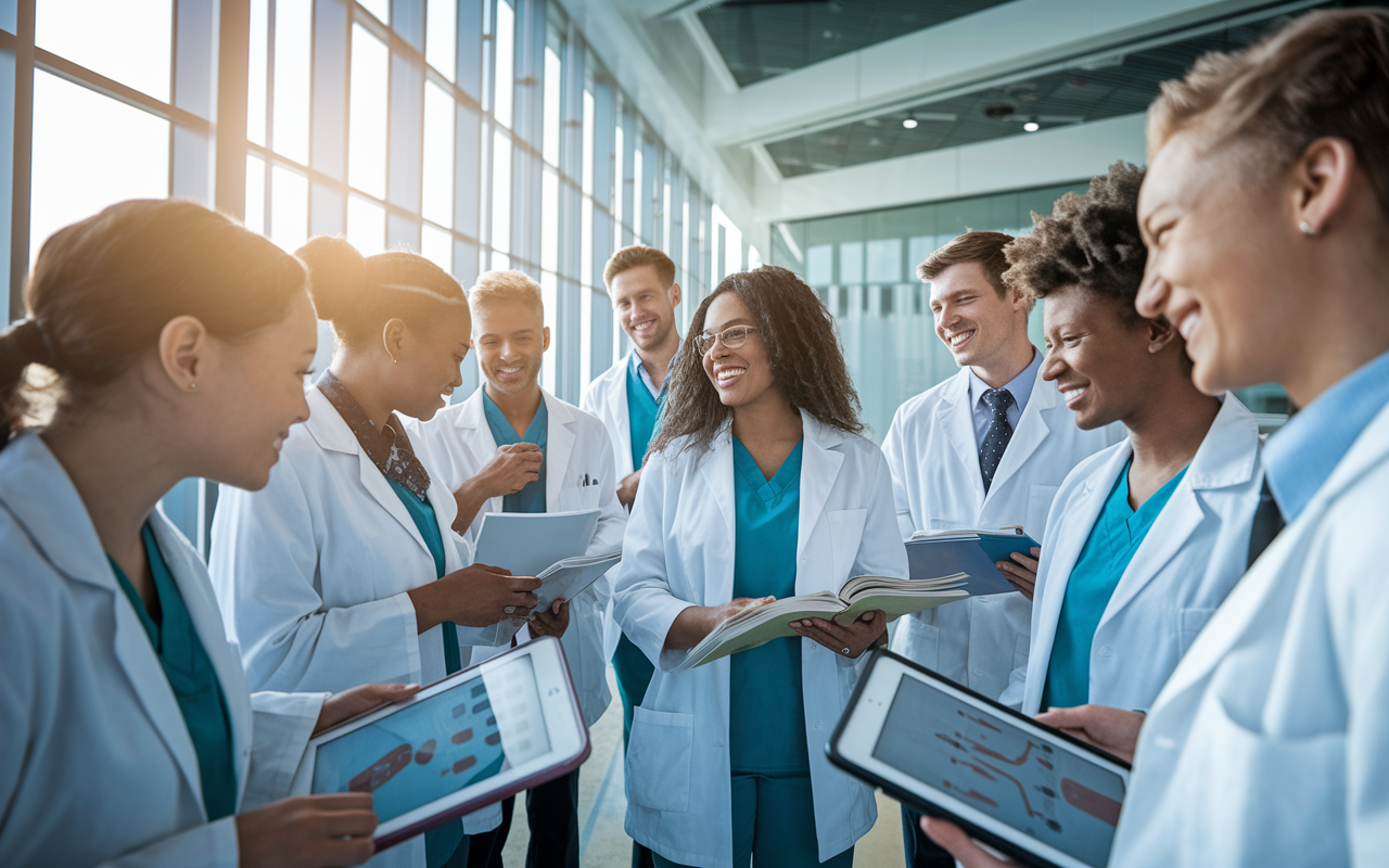 A diverse group of aspiring medical students in lab coats, gathered in a modern, bright lecture hall, engaged in an animated discussion about specialty fields in medicine. They hold books and digital devices displaying medical illustrations. The environment should be inspiring, with sunlight streaming in through large windows, conveying enthusiasm and hope for future careers in healthcare.