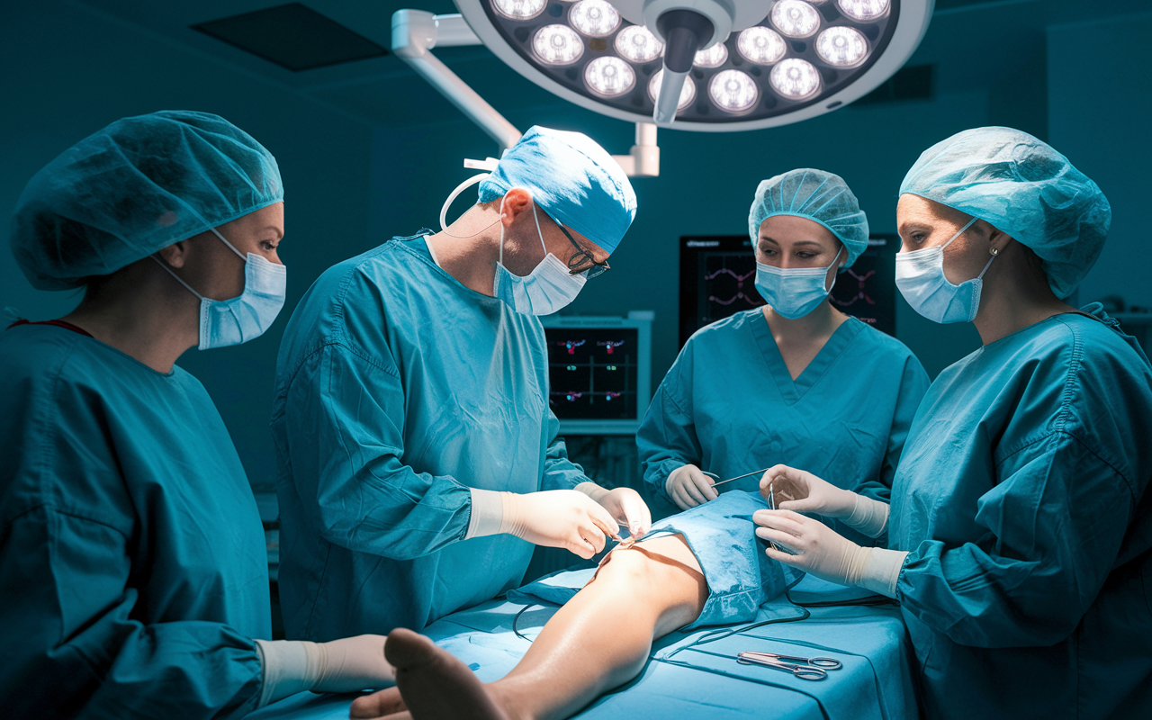 An orthopedic surgeon in a bright operating room, performing a knee replacement surgery on a patient. The surgeon is attentively using advanced surgical tools, while nurses assist and monitor the patient’s vital signs. The environment is sterile and organized, emphasizing the complexity and skill involved in orthopedic procedures. The surgical team exhibits a focused determination, symbiotic teamwork reflected in their expressions.