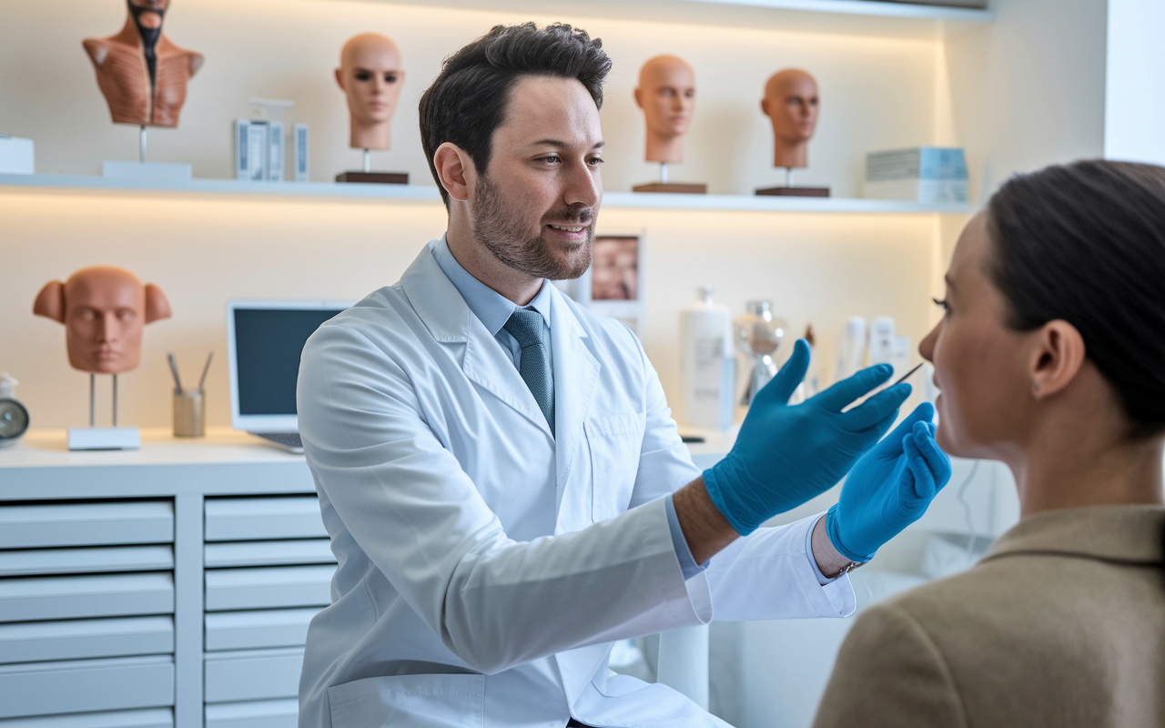 A dermatologist consulting with a patient in a well-lit office filled with medical equipment and anatomical models of skin. The dermatologist, wearing a white coat and gloves, attentively examines the patient's skin, discussing treatment options. The atmosphere is warm and reassuring, conveying professionalism and care in addressing skin conditions and cosmetic concerns.