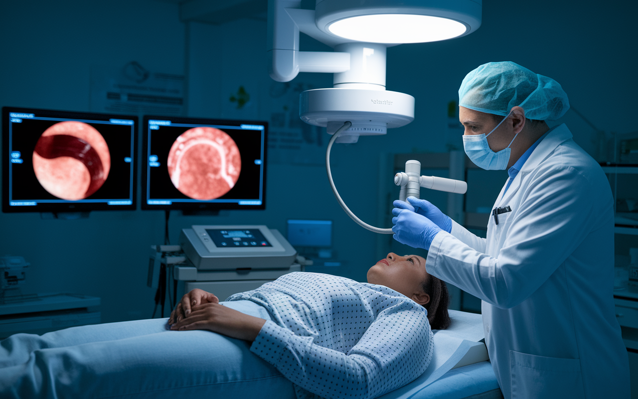 A gastroenterologist in a medical facility performing a gastroenterological endoscopy on a patient. The room is equipped with advanced imaging technology, and the doctor is focused on the procedure, with screens displaying live images from the examination. The ambiance is clinical yet calm, reflecting the seriousness and necessity of digestive health care.