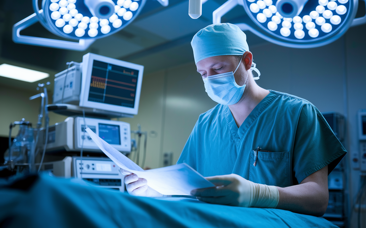 An anesthesiologist in an operating room preparing for surgery, reviewing patient information and equipment settings. The focus is on the anesthesiologist wearing a mask and scrubs, with anesthetic monitors and machinery in the background. The lighting is bright yet clinical, emphasizing the technical and critical nature of the role in ensuring patient safety before, during, and after procedures.