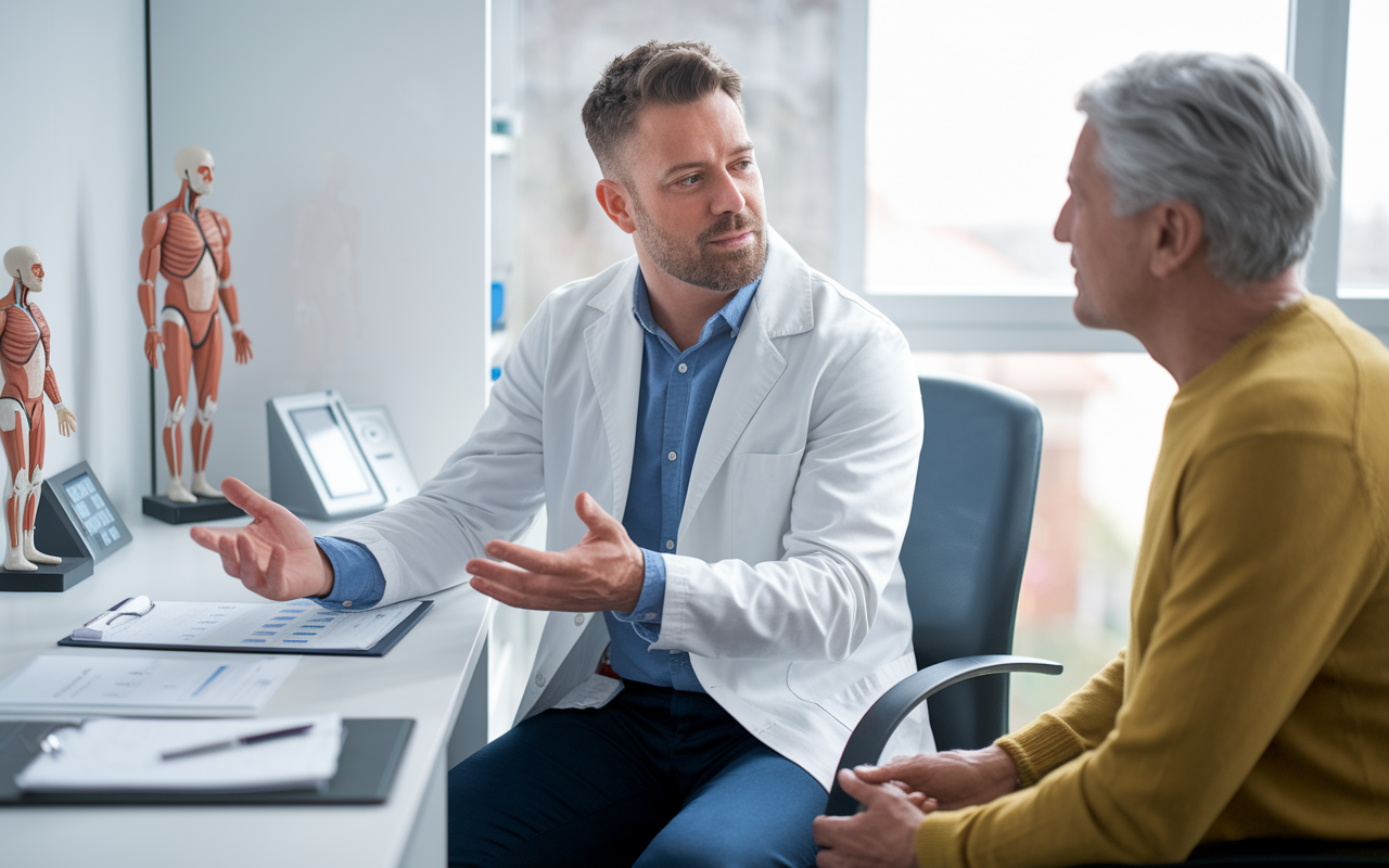 A urologist consulting with a middle-aged patient in a modern exam room. The doctor is discussing treatment options while seated at a desk with anatomical models and patient charts. The setting is professional and inviting, illuminating the compassionate approach to addressing sensitive health concerns associated with urology.