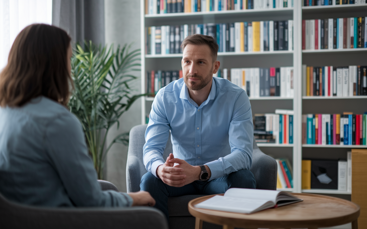 A psychiatrist engaging in a counseling session with a patient in a cozy, well-furnished office. The psychiatrist listens attentively, surrounded by bookshelves filled with psychology literature. The light is soft, creating a serene atmosphere conducive to open dialogue about mental health and wellness.