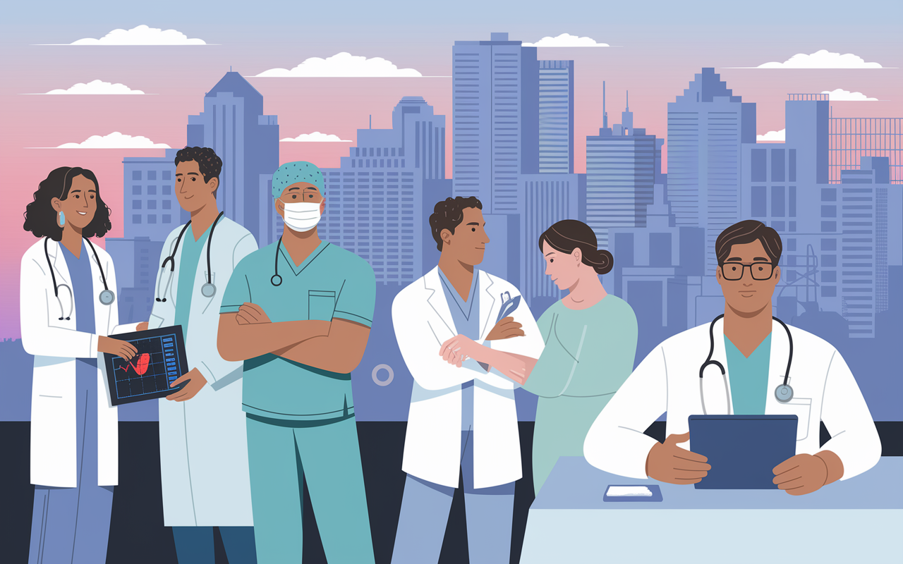 A hopeful montage illustrating various medical professionals in their specialties: a cardiologist with a heart monitor, an orthopedic surgeon in surgical scrubs, a dermatologist consulting with a patient, and a psychiatrist in a therapy session. This scene reflects the future of medical careers, highlighting diversity, compassion, and advancement in technology, with a backdrop of a vibrant city skyline signifying growth and opportunity in healthcare.