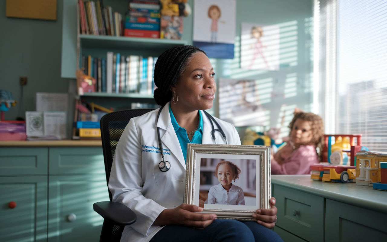 A reflective moment of Dr. Lucy Wells, a dedicated pediatrician in her clinic, sitting in her office surrounded by children's drawings and toys. She holds a framed photo of a child she recently treated, lost in thought, with light streaming in through the window creating a warm, hopeful atmosphere. The room is filled with soft colors and medical books, reflecting her commitment to both education and care.