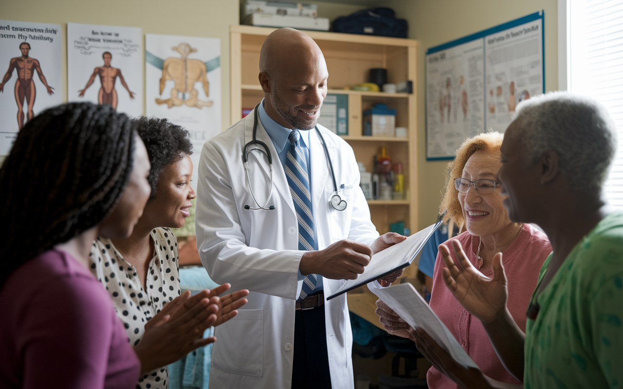 An engaged family physician, Dr. Henry Nelson, in a rural clinic, interacting with a diverse group of patients. He is explaining a treatment plan while reviewing a chart, surrounded by an inviting room filled with medical resources and community health posters. Natural light filters in through a window, highlighting the warm and supportive environment as patients express gratitude and relief.