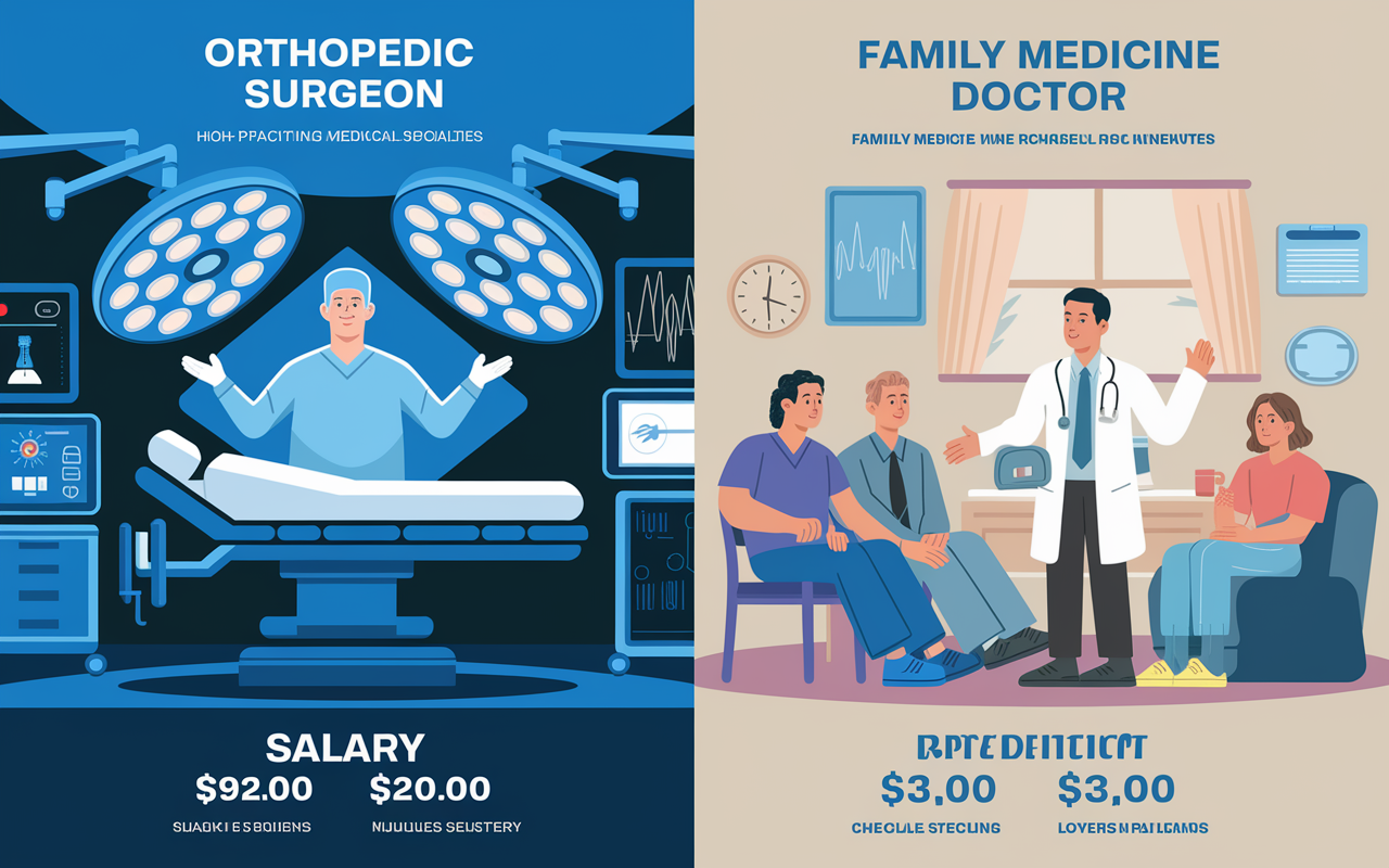 An infographic-style image illustrating the contrast between high and low-paying medical specialties. On one side, showcase an orthopedic surgeon in a bright operating room, with high-tech surgical tools and glowing screens around. On the other side, depict a family medicine doctor in a cozy, small practice setting, interacting with diverse patients. Each section offers a visual representation of the salary ranges and emotional nuances of each specialty, contrasted with stylistic elements to highlight the disparity in compensation.