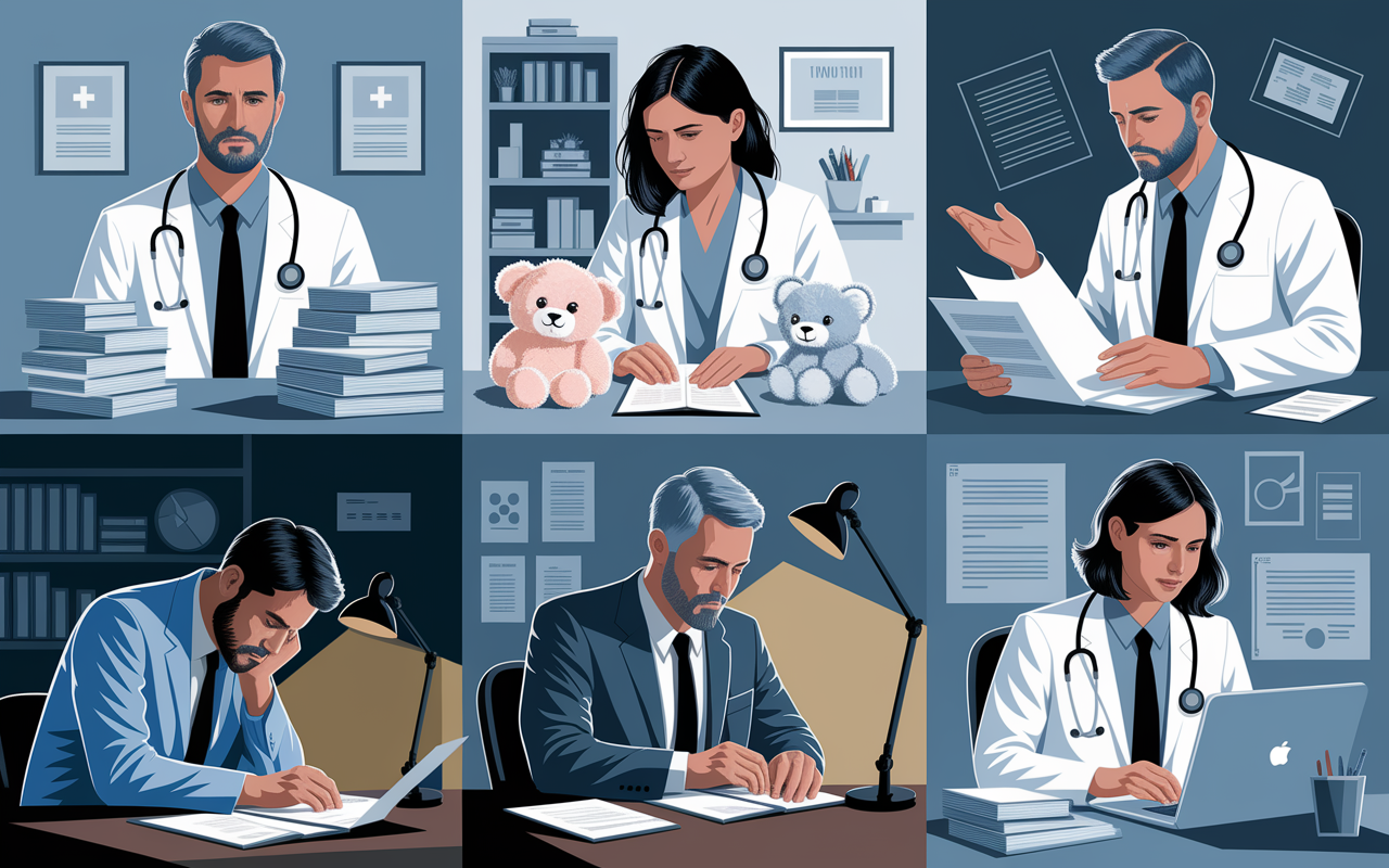 A collage of healthcare practitioners, including a family physician, pediatrician, psychiatrist, and internist, each illustrated in their respective setting. Convey a sense of dedication despite challenges: the family physician with stacks of unpaid bills, the pediatrician lovingly tending to fluffy stuffed animals while balancing logistics, the psychiatrist leaning against a desk, burdened yet hopeful, and the internist studying charts in a dimly lit office. The lighting softens their expressions, emphasizing the passion for their work despite the underappreciation they'll face.