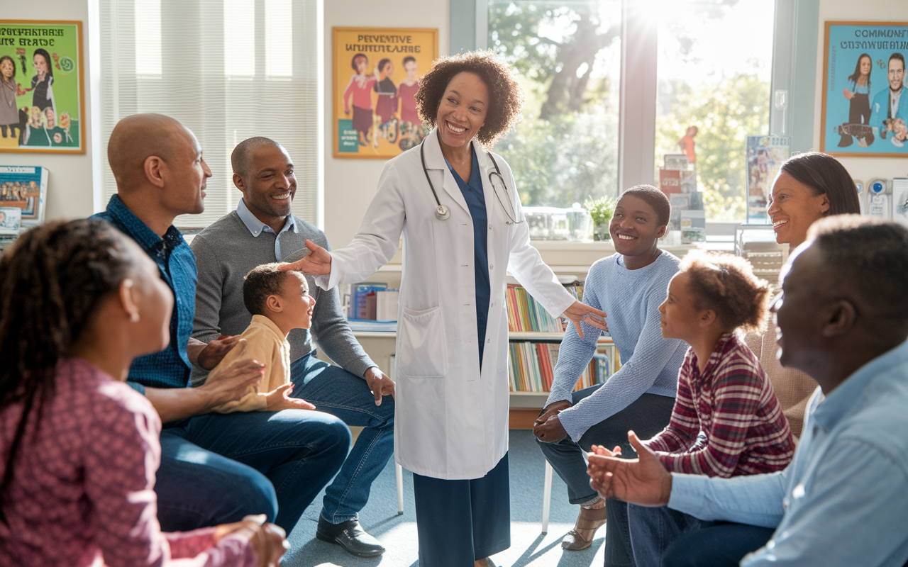 A family physician in a welcoming clinic, surrounded by diverse families of different ethnic backgrounds, each engaging or listening intently. The physician, a middle-aged woman, is energetically demonstrating preventive care techniques with vibrant posters on the walls around her. Natural sunlight spills through the windows, illuminating the room filled with medical tools, community brochures, and family photos, symbolizing the rooting of care in the community.