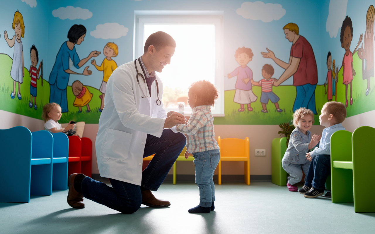 A pediatrician in a bright and colorful waiting room filled with children playing. The pediatrician, a young man with a gentle smile, kneels to engage a child in a playful interaction, surrounded by colorful murals and toys. A soft glow through the window enhances the cheerful yet busy atmosphere, emphasizing the importance and challenges of pediatric care. Infants to older children are depicted in various states of health discussions, fostering a sense of community and care.