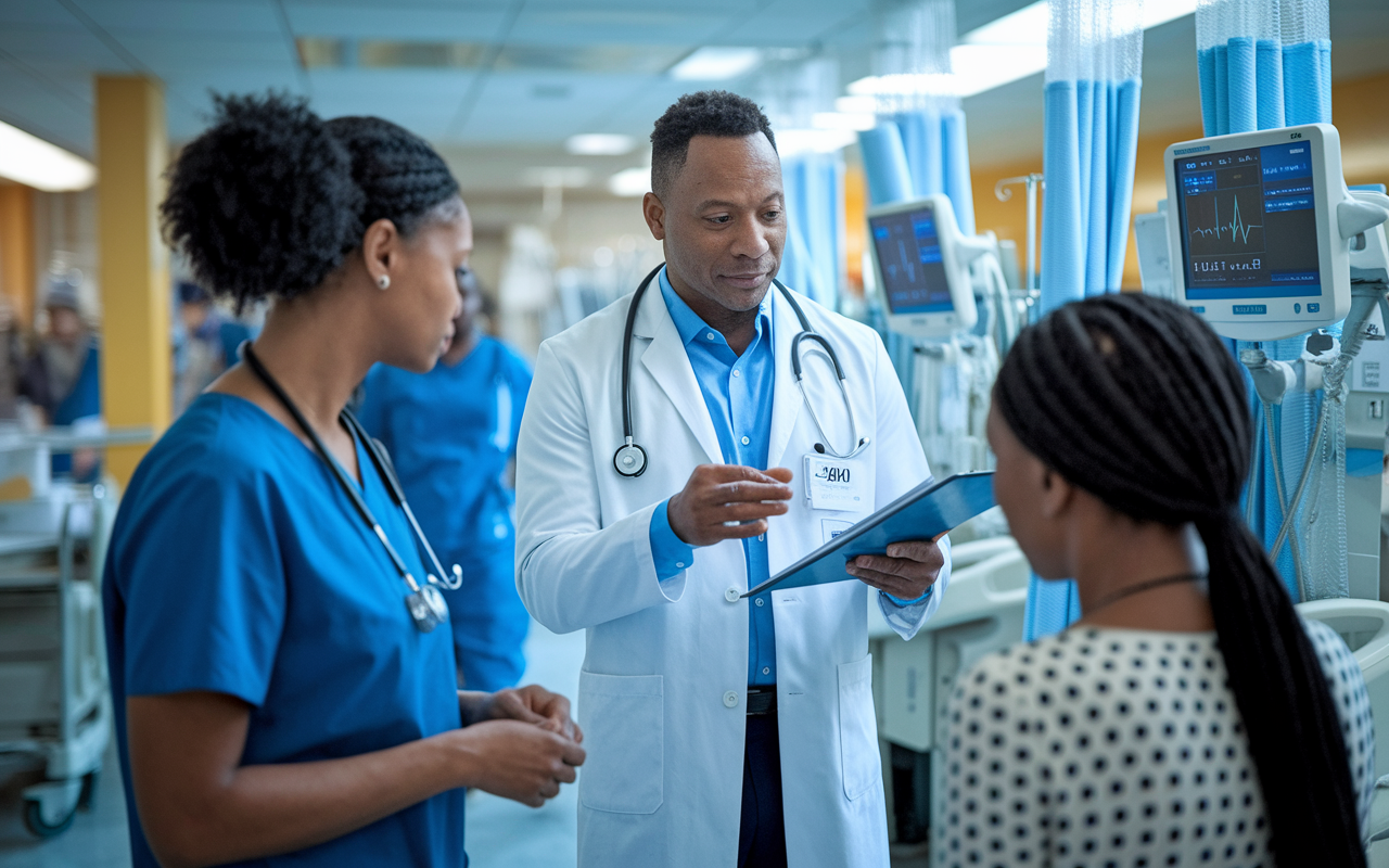 An internist in a busy hospital ward, examining medical charts while interacting with a nurse and a patient. The internist, a middle-aged man, exudes professionalism while surrounded by medical equipment. The room is brightly lit, showcasing a sense of urgency and complexity in managing various diseases, with an emphasis on the collaborative nature of internal medicine. Subtle hues suggest the stress yet dedication prevalent in this specialty.