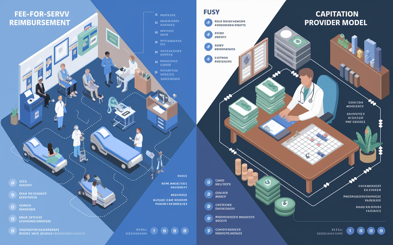 A detailed visual infographic highlighting two distinct healthcare reimbursement models: on one side, a fee-for-service setting, depicting a busy hospital with healthcare providers interacting with patients and performing various procedures; on the other side, a capitation model represented by a primary care office with a physician surrounded by stacks of paperwork and a calendar filled with appointments. Dynamic arrows and icons illustrate the flow of money and challenges in each system, with contrasting color schemes to emphasize differences.