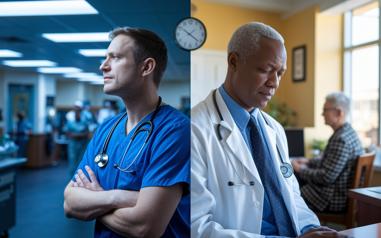 A day-in-the-life scene contrasting two medical professionals: on one side, an emergency medicine physician in scrubs with stethoscope, exhausted yet determined, looking at a clock indicating late hours in a bustling ER; on the other side, a geriatrician in a quiet office, caring for elderly patients, with a look of concern but peaceful surroundings. The atmosphere is tense on the ER side, with bright overhead lights, while the geriatric side is warm with soft lighting, illustrating the contrasts of daily responsibilities.