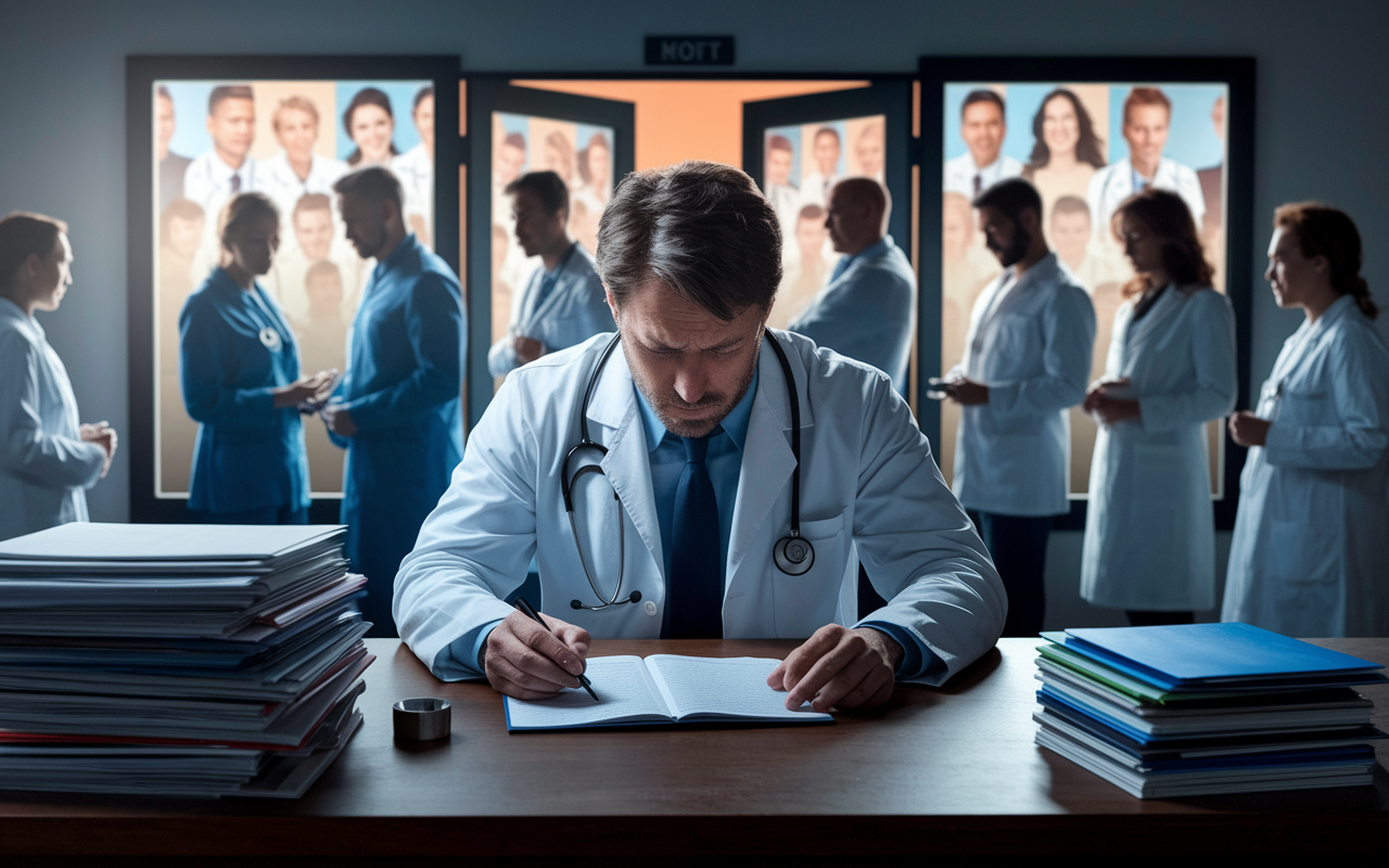 A somber portrayal of a weary family medicine physician in a dimly lit office, surrounded by a stack of medical charts and a long line of waiting patients outside the door. The expression of stress and urgency contrasts with a background featuring hopeful imagery of diverse patients. Dramatic shadows and soft light evoke feelings of exhaustion and the weight of responsibility. The scene should symbolize the emotional toll on physicians in lower-paying specialties.