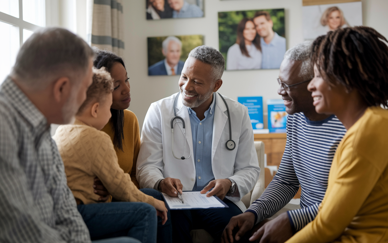 An intimate scene of a family physician in a cozy, well-lit consulting room, engaged in a heartfelt conversation with a multi-generational family. The physician, smiling and empathetic, reviews a child's health chart with the parents, showcasing a deeply invested relationship. Family portraits and health pamphlets are visible around them, reflecting the emphasis on long-term care and community focus. The atmosphere feels warm and welcoming, suggesting trust and partnership in health.