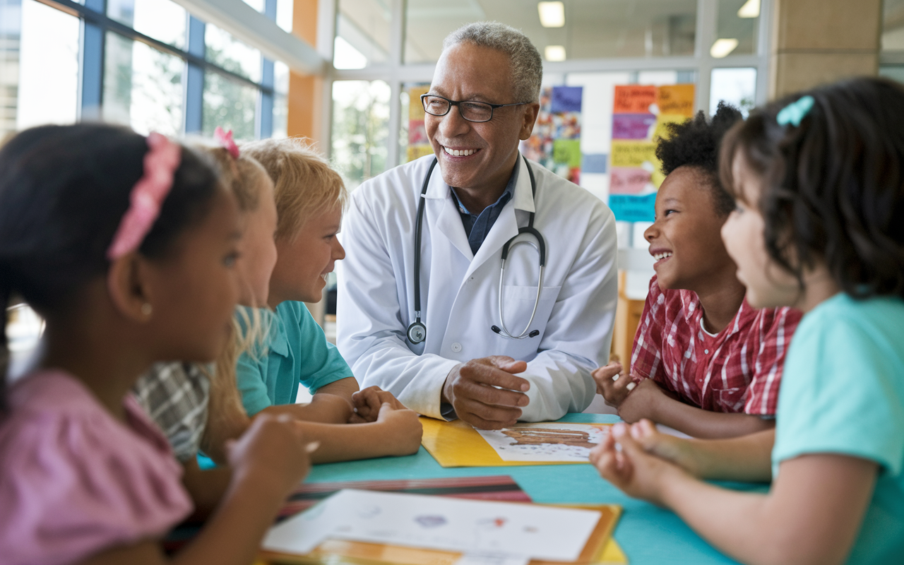 A compassionate pediatrician in a community health clinic, engaging with a group of children from diverse backgrounds. The pediatrician is animatedly explaining a health topic through playful interaction, surrounded by colorful educational materials. The setting reflects community spirit with cheerful posters on the walls and a warm, inviting space where cultural diversity is celebrated. Natural light filters through the windows, creating an optimistic and hopeful ambiance.