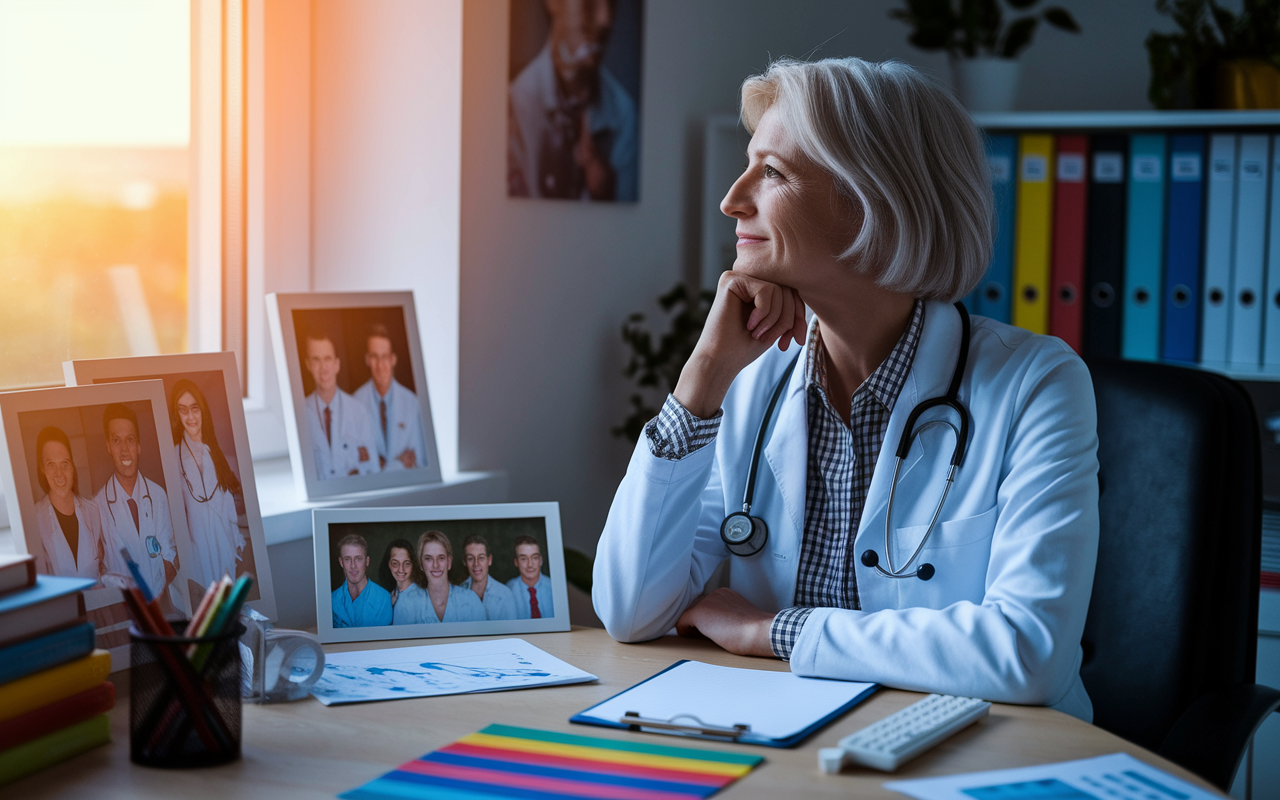 A thoughtful family physician sitting in her cozy office, surrounded by family photos and colorful charts. She gazes out of the window with a reflective smile, deep in thought about her journey in medicine. The warm golden light of the sunset creates a serene atmosphere. Artifacts representing her diverse patient relationships adorn the desk, symbolizing her impactful career in family medicine.