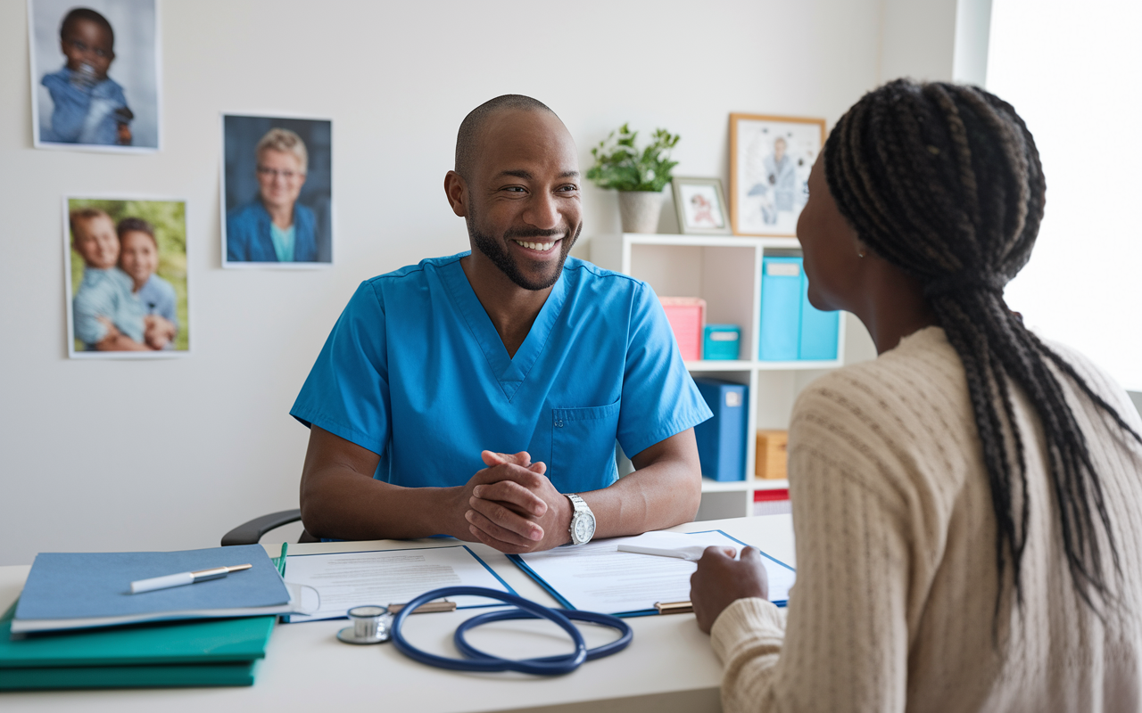 A compassionate family doctor in scrubs, seated in an inviting examination room, engaging warmly with an adult patient. Papers and health charts are on the desk, alongside a stethoscope laid down. The room is bright, well-organized, and decorated with family photos and health posters, conveying a nurturing atmosphere of care.