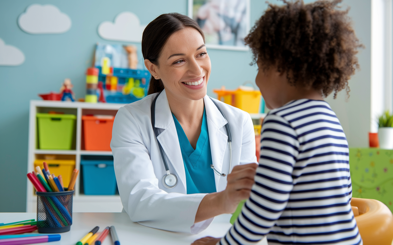 A dedicated pediatrician smiling as she examines a cheerful child in a colorful, child-friendly clinic. Toys and art supplies are scattered around, creating a lively and warm environment. The pediatrician is shown with a reassuring smile, and the child appears comfortable, illustrating the satisfaction of child healthcare.