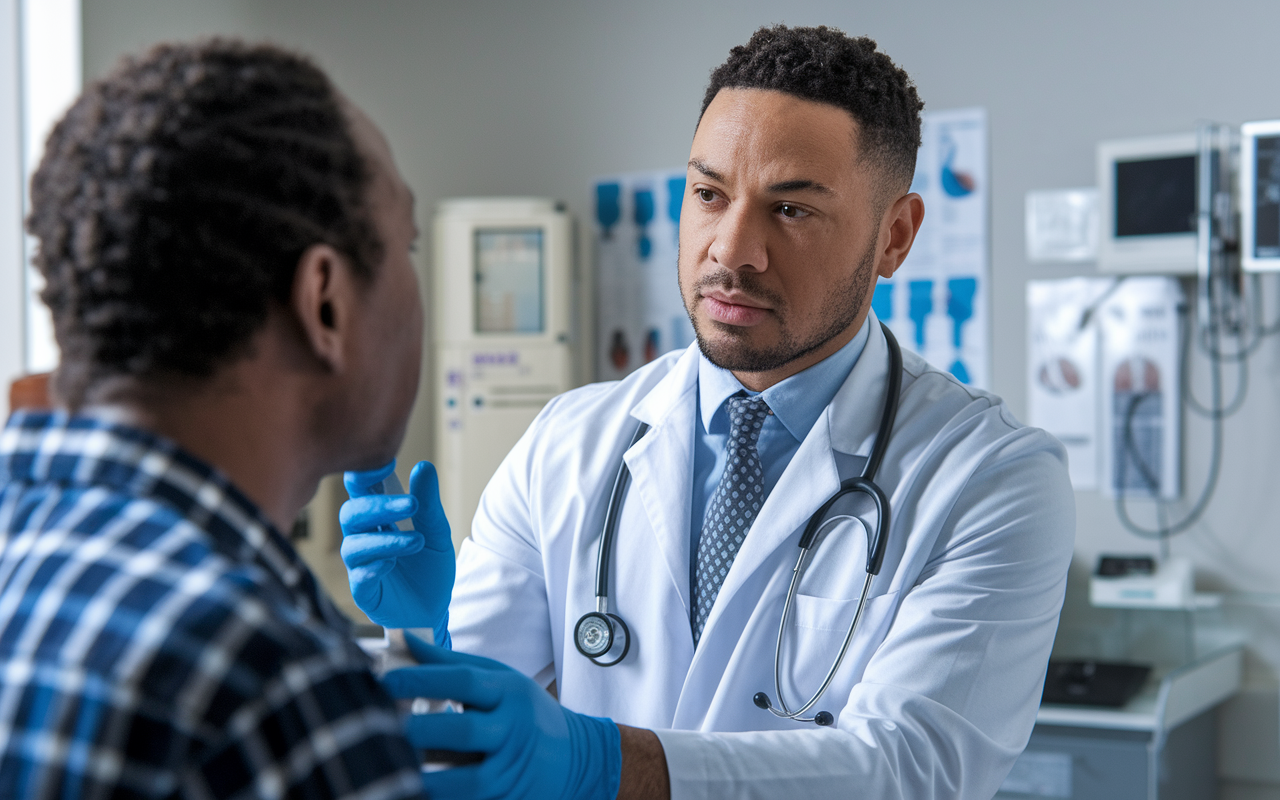 A focused internist engaging in a thorough examination of an adult patient in a clinical setting. The room is filled with medical equipment and charts, emphasizing the complexity of adult healthcare. The internist's attentive demeanor showcases a commitment to patient welfare, illustrating the challenges and rewards of treating adult health issues.