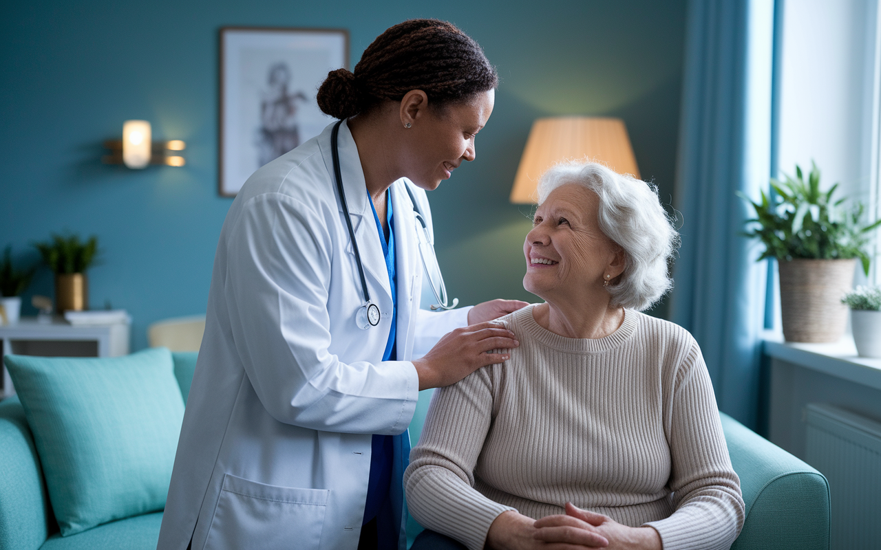 A compassionate geriatrician gently interacting with an elderly patient in a healthcare facility, surrounded by calming decor. The room is designed for comfort, with light streaming through a window illuminating the peaceful atmosphere. The expressions of both the doctor and patient convey kindness and understanding, highlighting the importance of geriatric care.