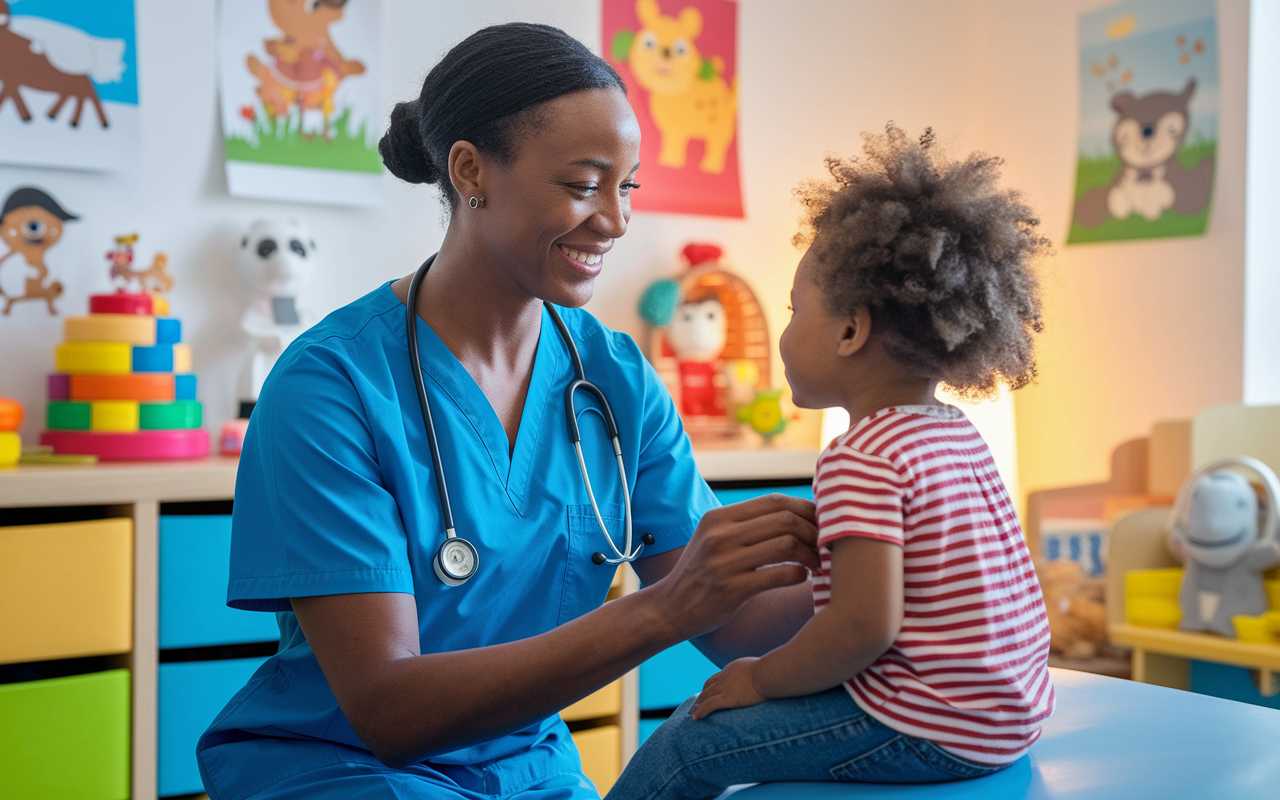 A compassionate pediatrician wearing scrubs, smiling while examining a young child in a colorful and cheerful clinic. The room is adorned with playful decorations, bright toys, and friendly animal posters. Soft, warm lighting creates a welcoming atmosphere, highlighting the bond of trust between the doctor and the child, epitomizing the emotional rewards of pediatric care.