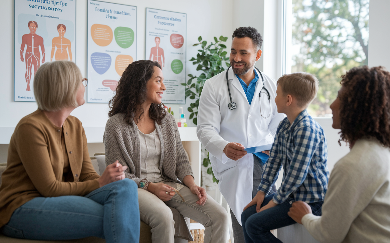 A busy family medicine clinic scene, featuring a physician interacting with various patients of different ages and backgrounds. The physician is engaged in a discussion with a middle-aged woman while a child plays in the background. Charts on the walls show health tips and community resources. The environment is bright and welcoming, filled with natural light, emphasizing the diverse range of care provided by family physicians.