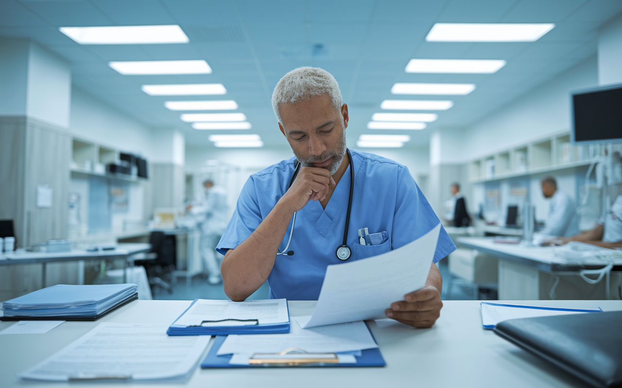 A dedicated internist reviewing patient charts in a modern, busy clinical environment. The physician is deep in thought, surrounded by medical equipment and paperwork. The room is organized and professional, with soft fluorescent lighting and a calming color palette, illustrating the attentive nature of internal medicine.