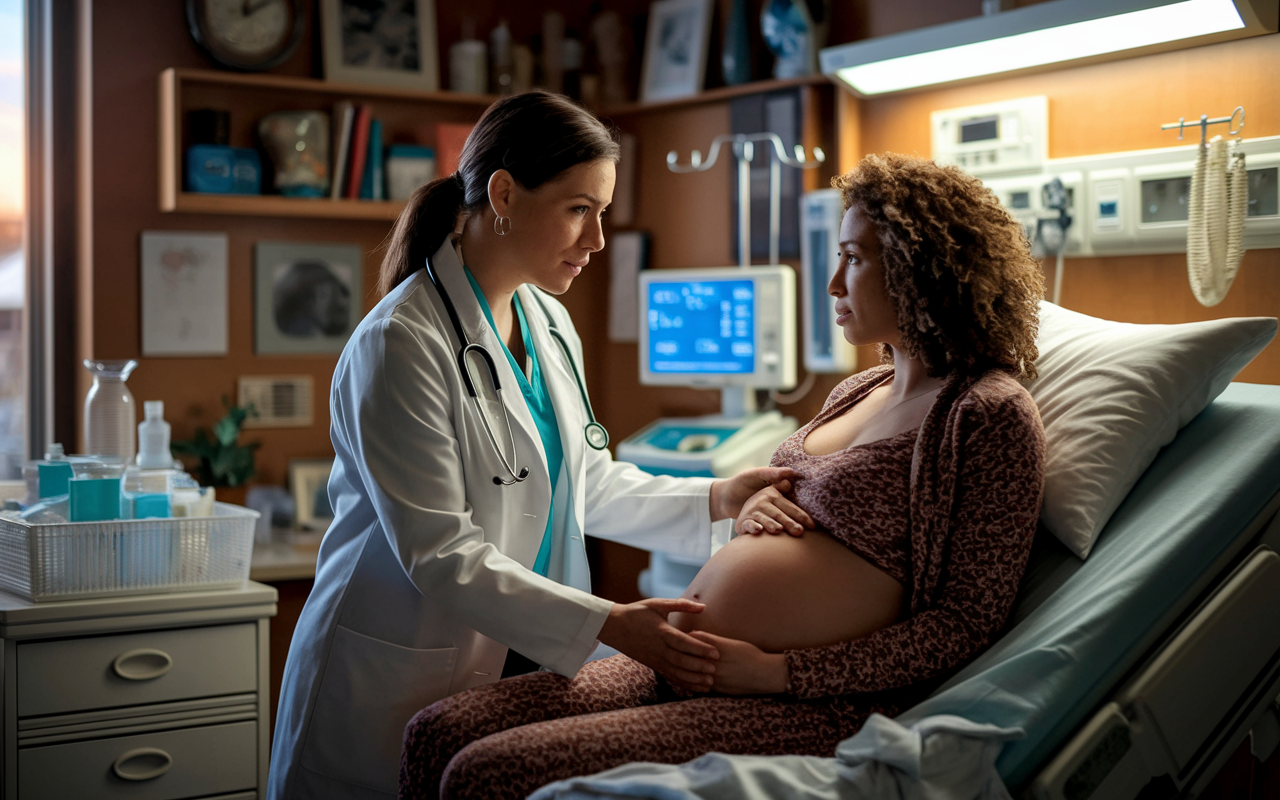 A caring obstetrician-gynecologist consulting with a pregnant woman in a cozy maternity ward. The room is warmly lit, filled with reassuring decorations and medical equipment ready for delivery. The physician’s expression reflects concern and commitment, showcasing the emotional labor and strength involved in reproductive health.