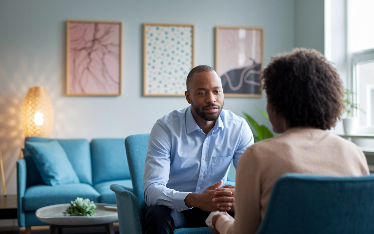 A serene therapy session scene featuring a psychiatrist attentively listening to a patient in a calm office environment. The room has soft lighting, comfortable seating, and calming artwork on the walls, creating a safe space for mental health discussions. The psychiatrist's empathetic demeanor represents the valuable, yet undervalued, contributions of mental health professionals.