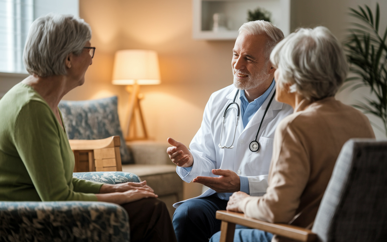 A warm, inviting scene in a geriatrics clinic where a specialist is consulting with elderly patients. The environment is cozy and accommodating, featuring soft lighting and comfortable seating, emphasizing dignity and care for the aged. The specialist's compassionate interaction highlights the importance of this often-overlooked medical field.