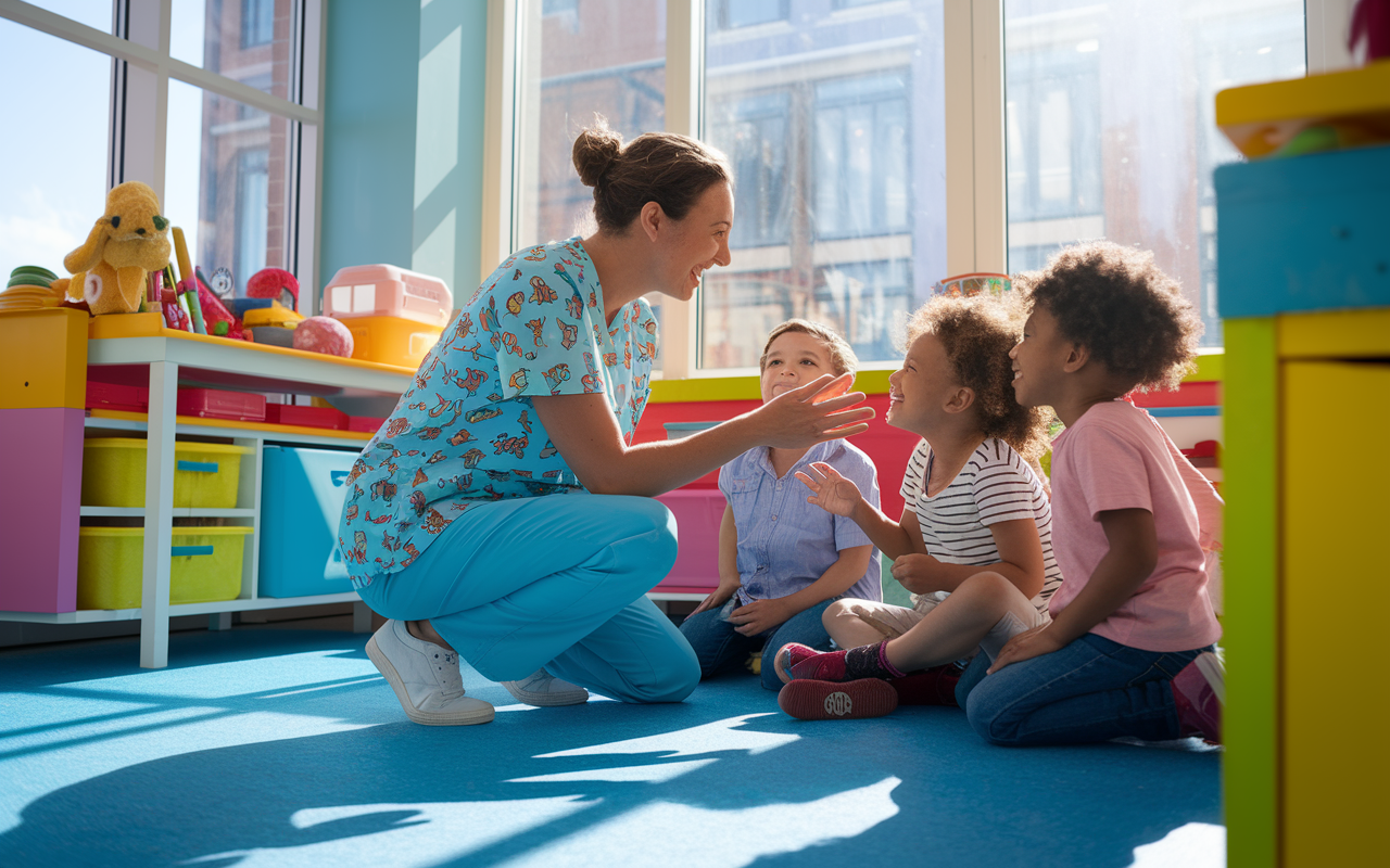 A dedicated pediatrician in a bright, colorful clinic filled with toys and books, engaging warmly with a group of cheerful children. The pediatrician is wearing playful scrubs, kneeling down to meet the kids at eye level, creating a lively and joyful atmosphere. Sunlight streams in through large windows, casting playful shadows and accentuating the vibrant colors of the clinic. The scene conveys a sense of joy and fulfillment in helping children thrive.