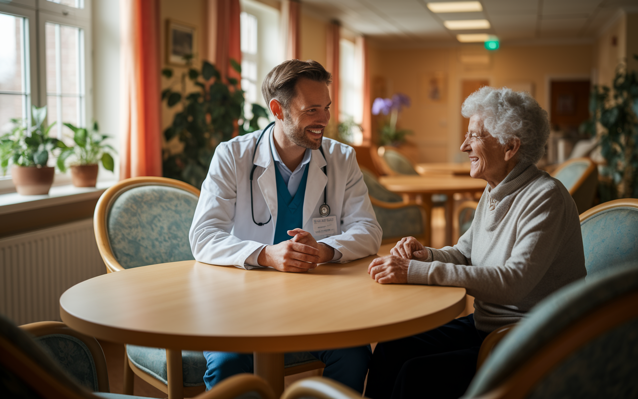 A compassionate geriatrician sitting at a round table with an elderly patient in a warm, inviting nursing home setting. The room is filled with soft, natural light, plants, and comfortable furniture. The geriatrician, wearing a friendly smile, attentively listens to the patient who is sharing stories, creating a profound moment of connection. The atmosphere is peaceful and respectful, highlighting the importance of meaningful patient interactions.