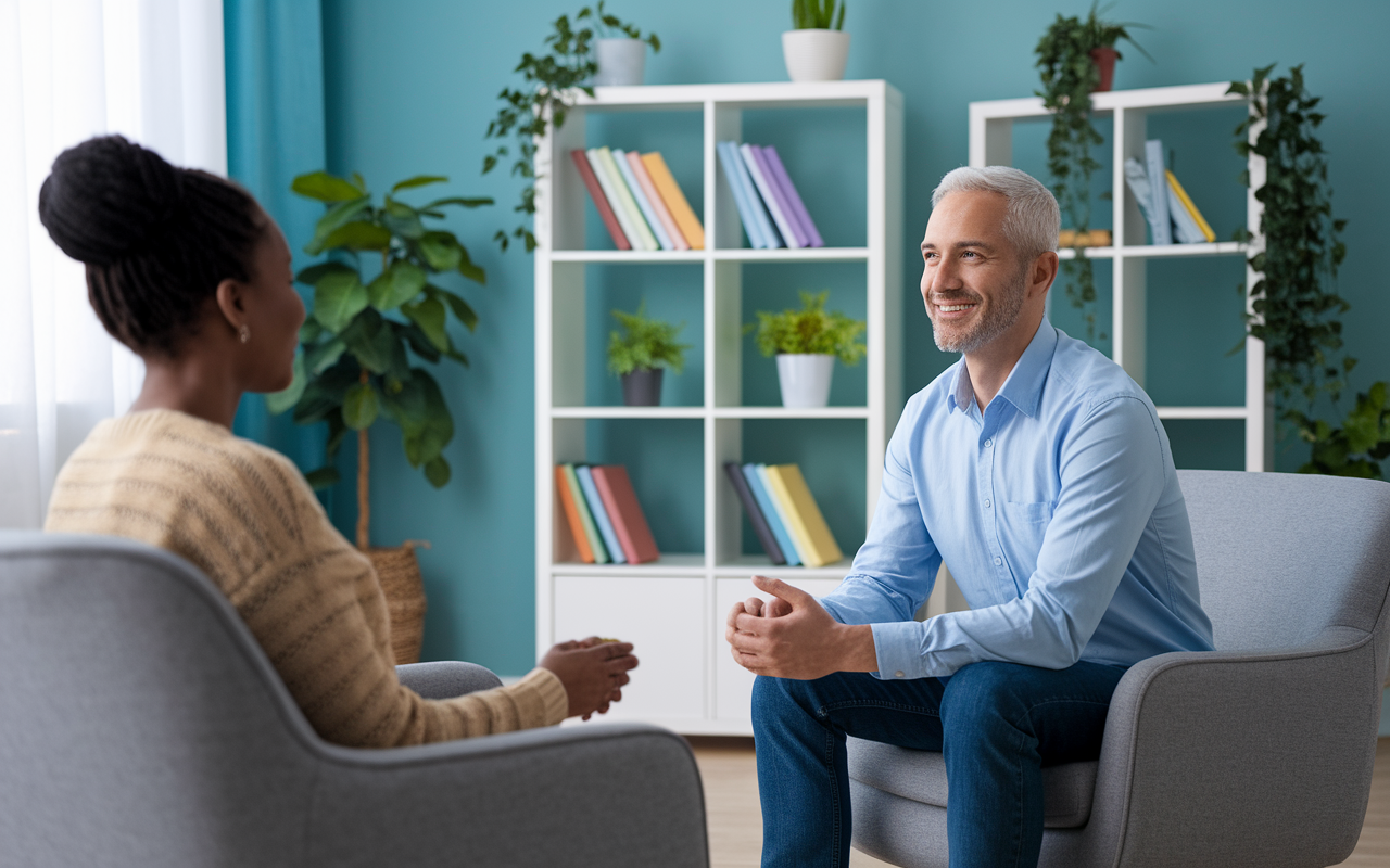 A supportive psychiatrist in a cozy, well-lit office, seated across from a patient who looks engaged and relieved during a counseling session. The office features calm colors, soft lighting, and comfortable seating, promoting a sense of trust and openness. The psychiatrist is attentively listening, with a warm expression. Bookshelves filled with psychology books and plants add to the nurturing environment, indicating the importance of mental health and emotional support.